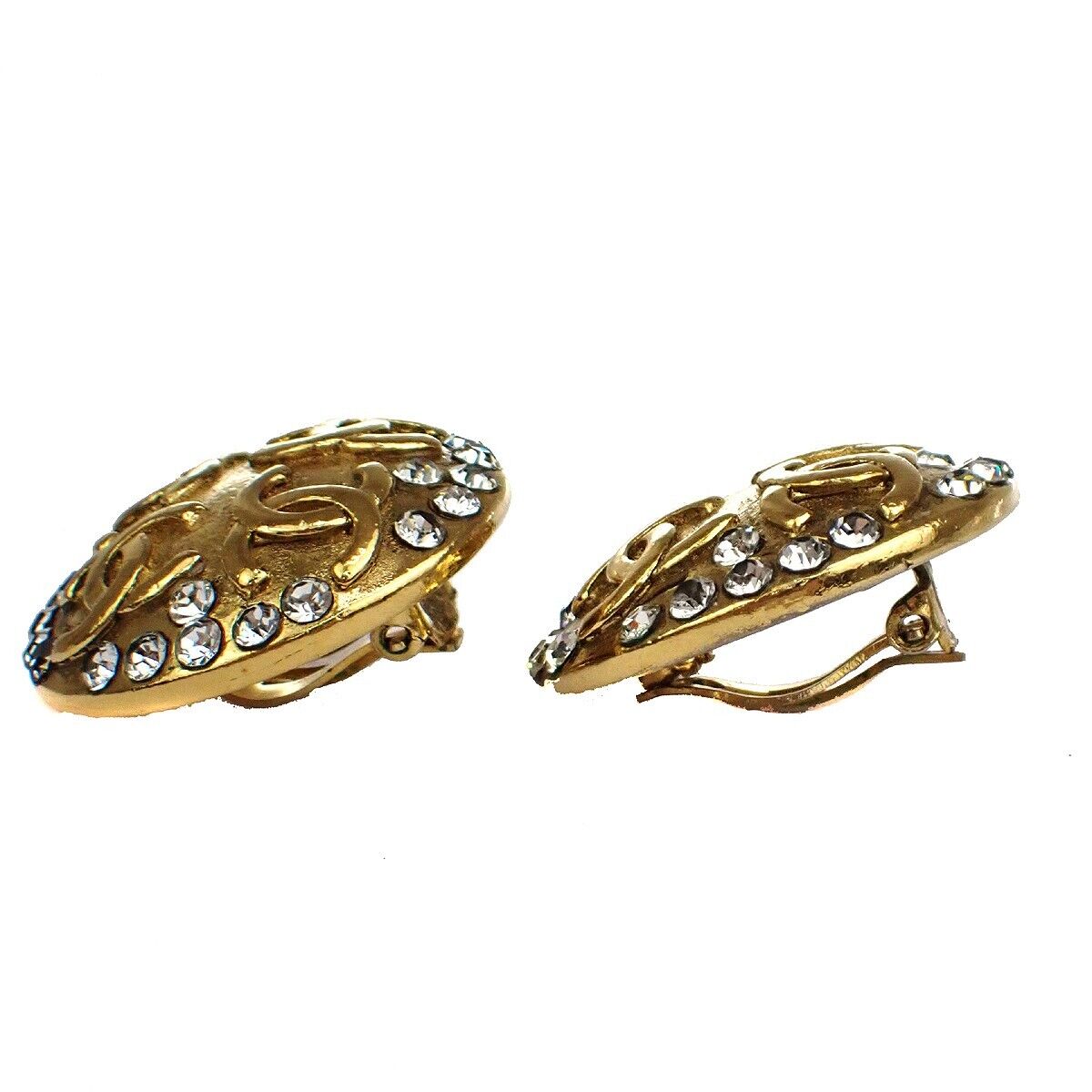 CHANEL CC Logo Round Button Earrings 23 Clip-On Rhinestone GHW Vintage 72GA289