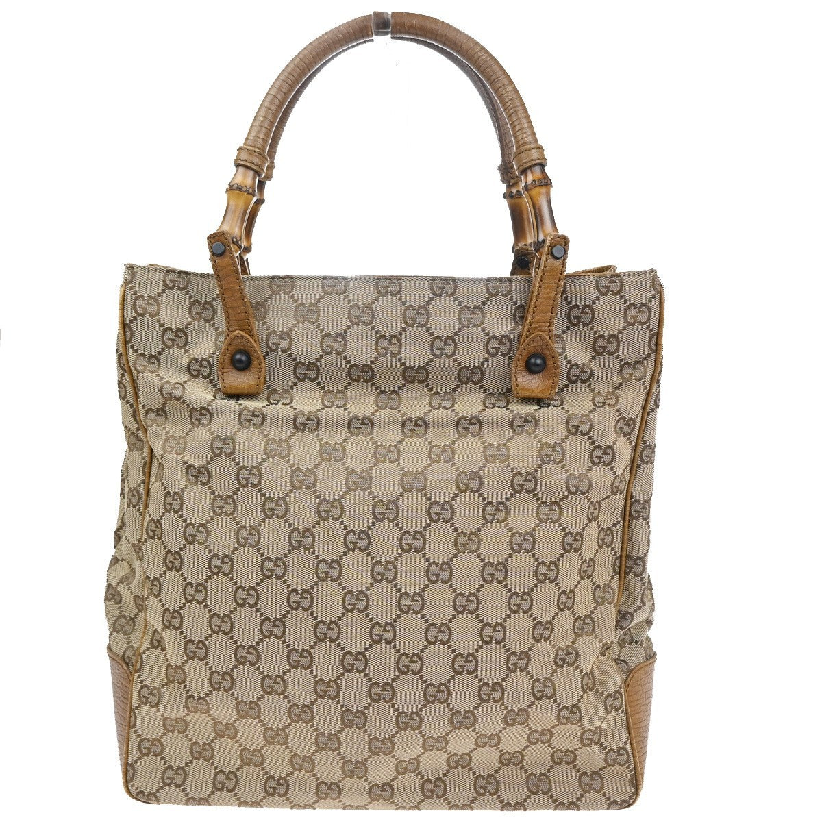 GUCCI Logo GG Pattern Hand Tote Bag Bamboo Canvas Leather Beige Italy 64KC879