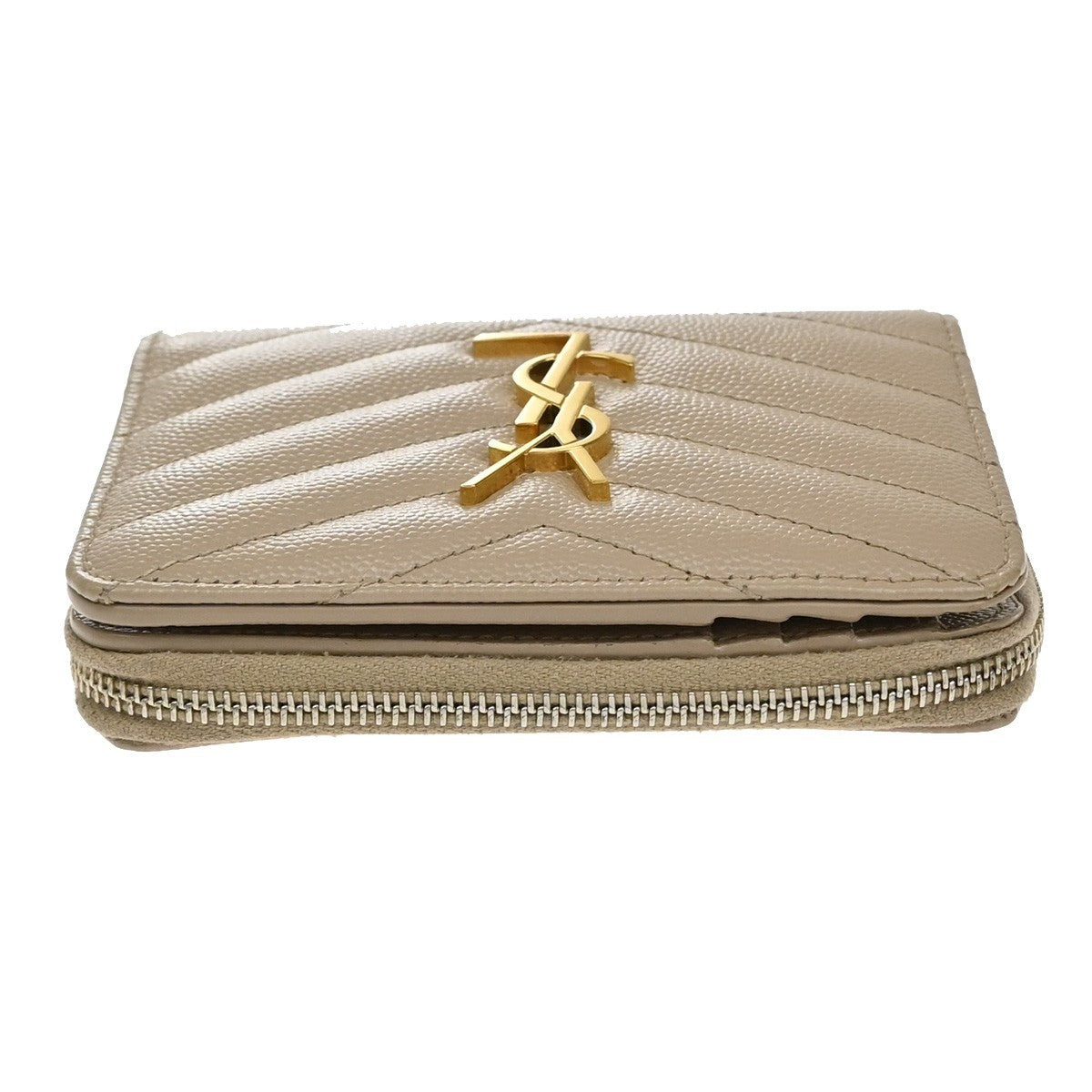 SAINT LAURENT YSL Logo Compact Bifold Wallet Leather Beige GHW Italy 38KB109
