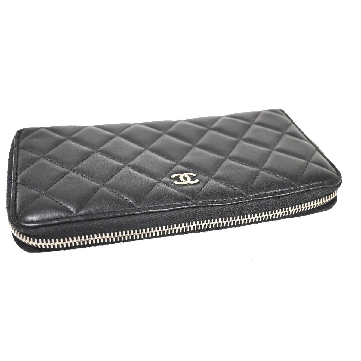 CHANEL CC Logo Zip Around Wallet Purse Matelasse Leather Black Silver 16HB878