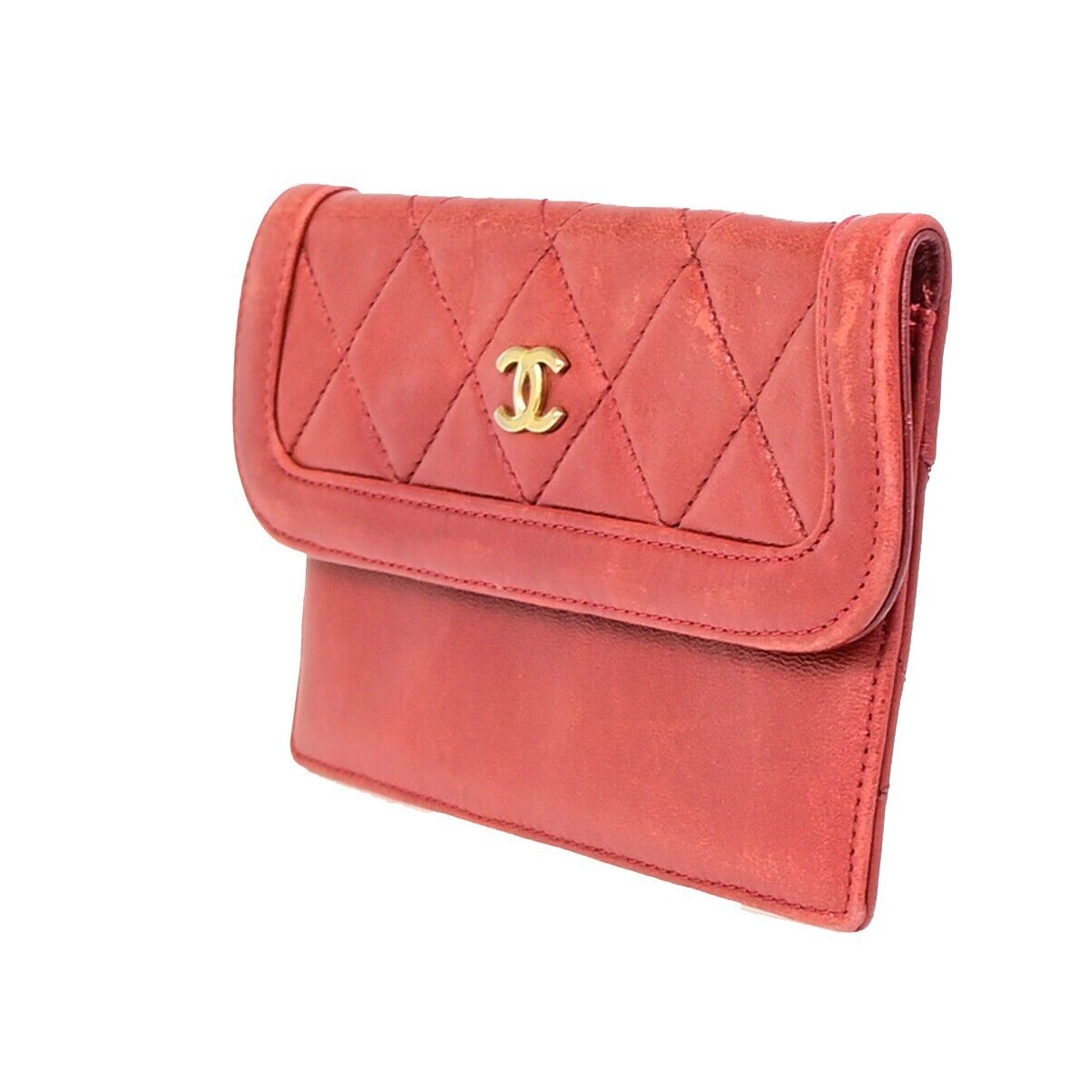 CHANEL CC Logo Matelasse Mini Pouch Wallet Coin Case Leather Red Gold 62EB230