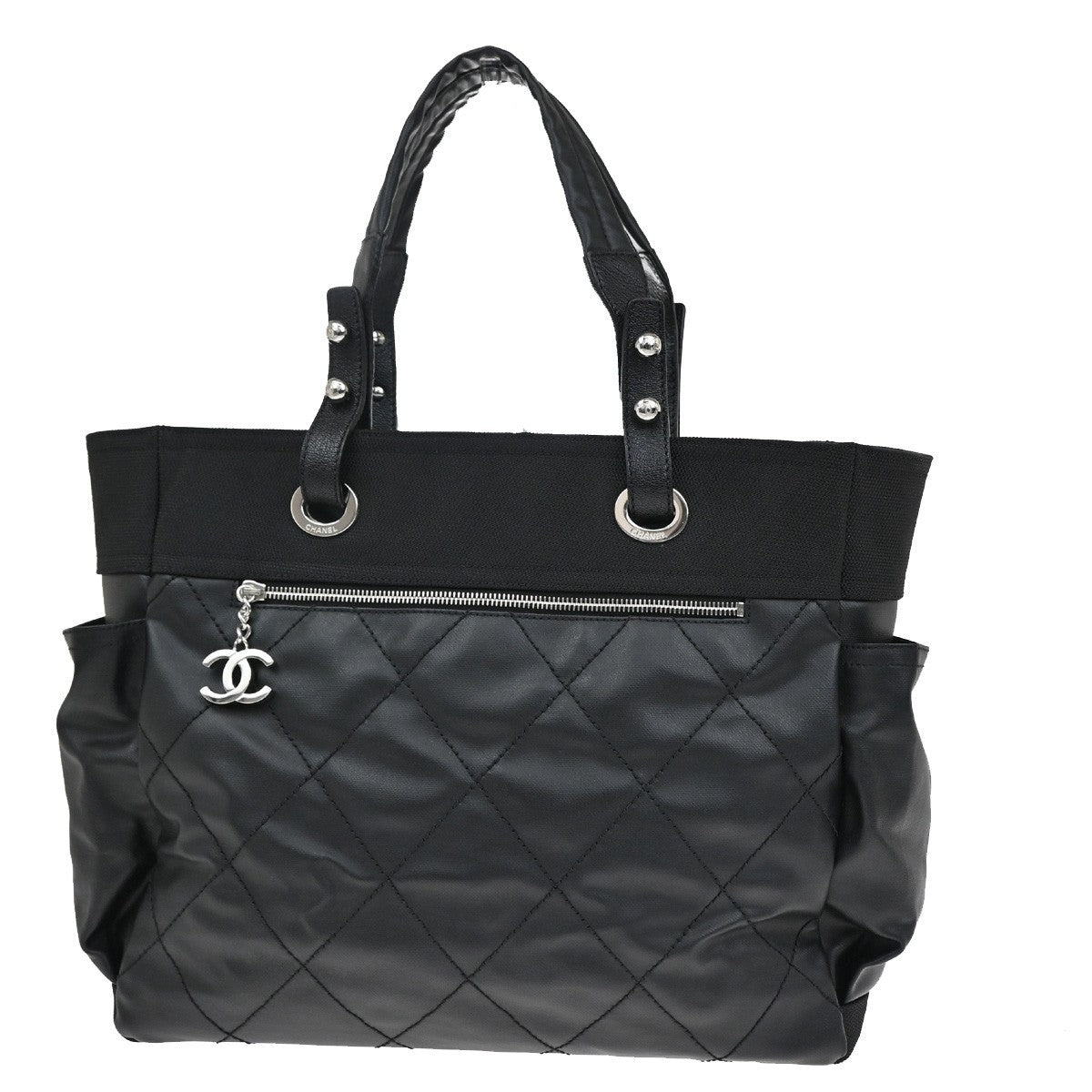 CHANEL CC Paris Biarritz GM Shoulder Bag Coating Canvas Leather BK SHW 689RL482