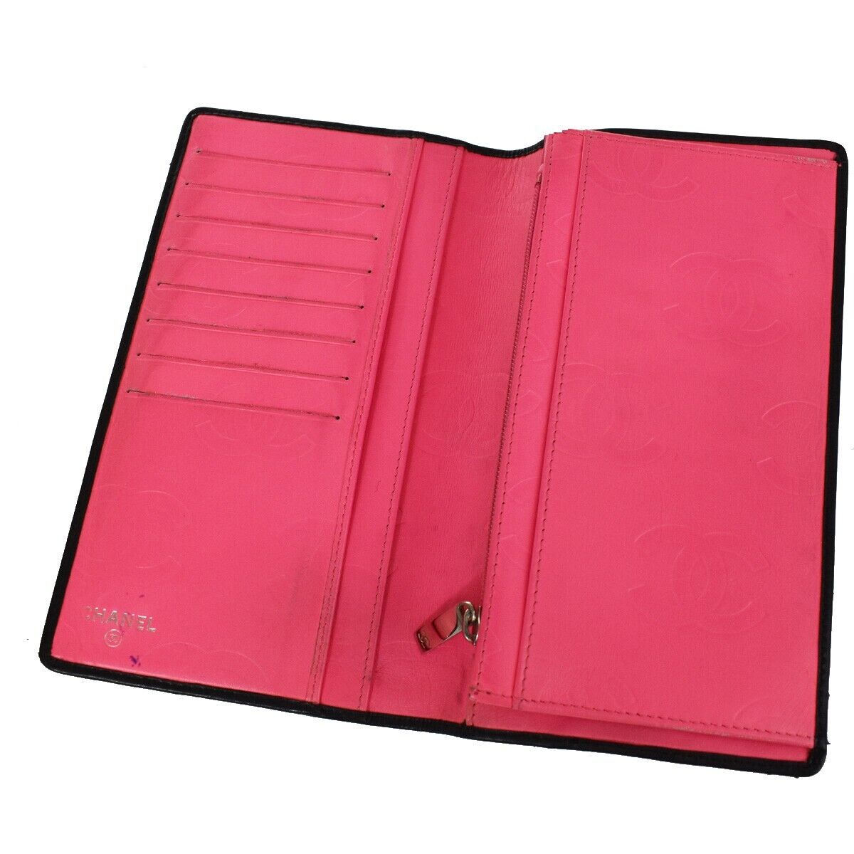 CHANEL CC Logo Cambon Long Bifold Wallet Leather Black Pink Italy 33SH088