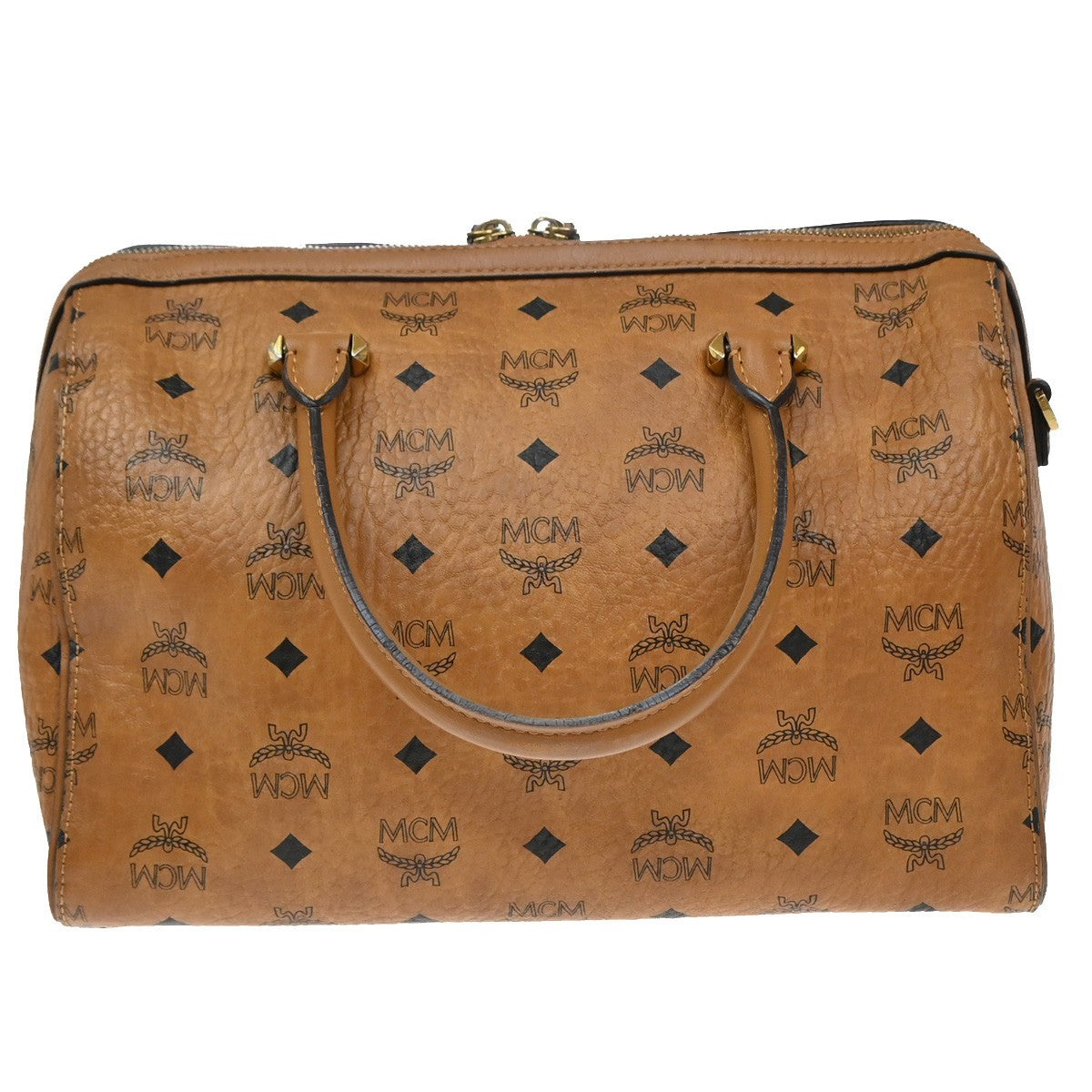 MCM Logo Travel Hand Bag Leather Brown Gold Plated 61EG132