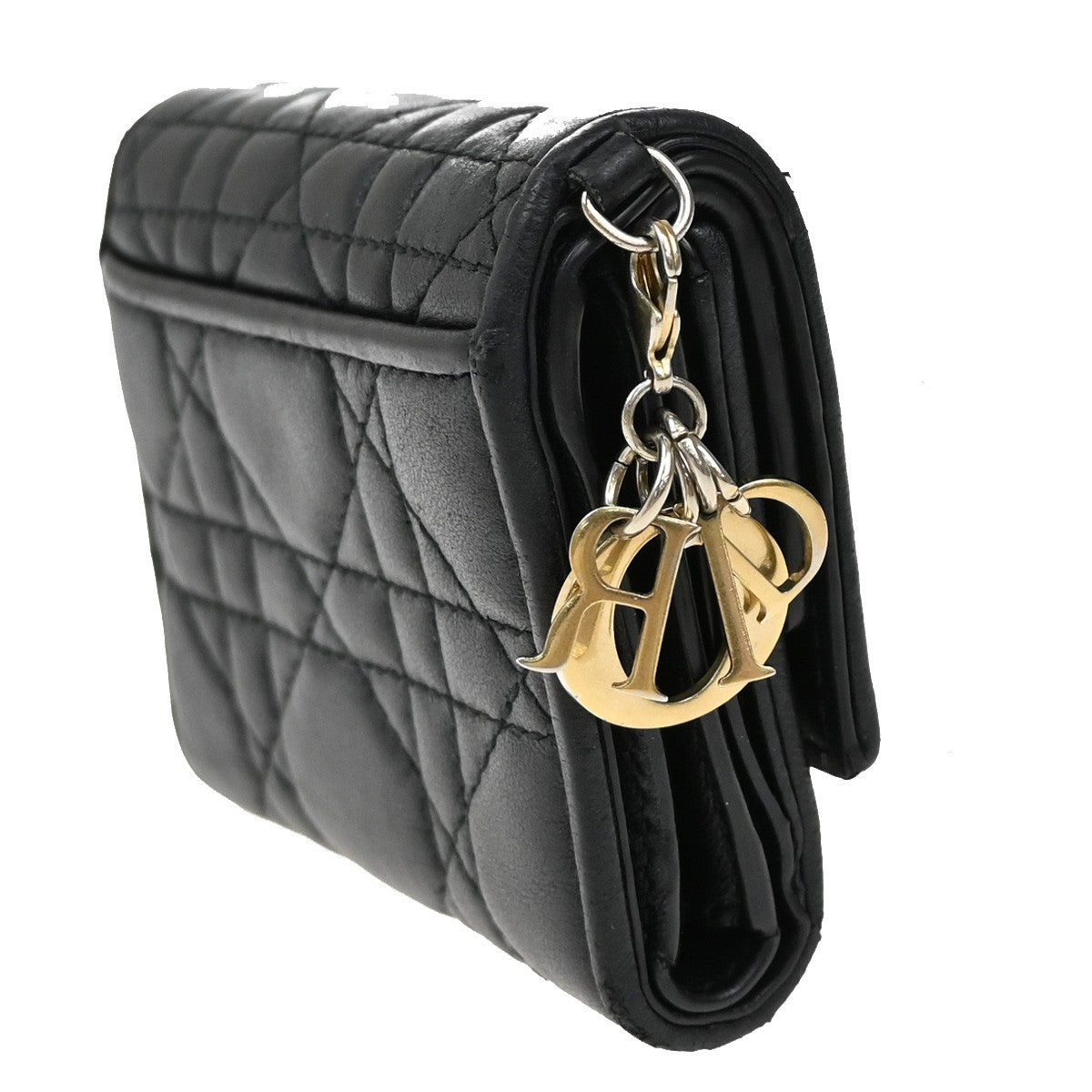 CHRISTIAN DIOR Cannage Charm Trifold Compact Wallet Leather Black GHW 65KB466