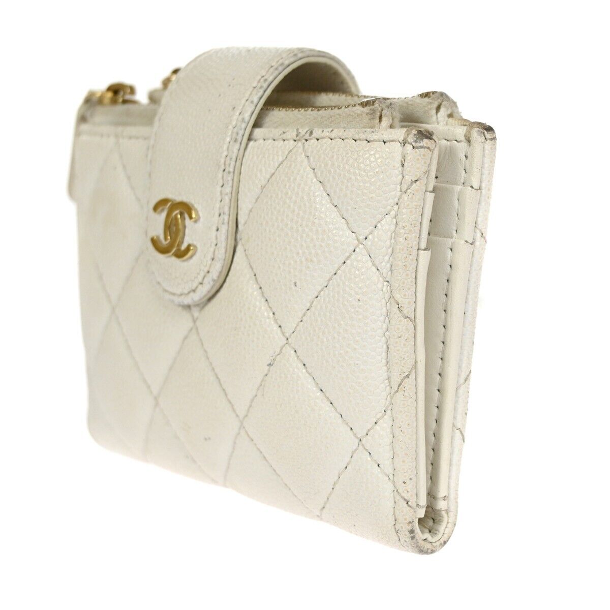CHANEL CC Logo Bifold Wallet Purse Caviar Skin Leather White GHW Italy  30HB382