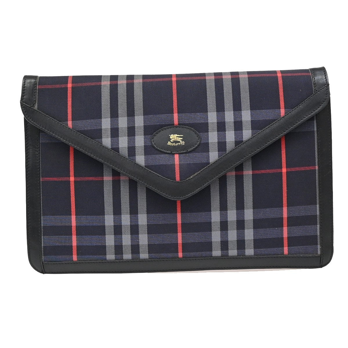 Burberrys Logo Clutch Bag Nova Check Canvas Leather Navy Blue Black 01EF823