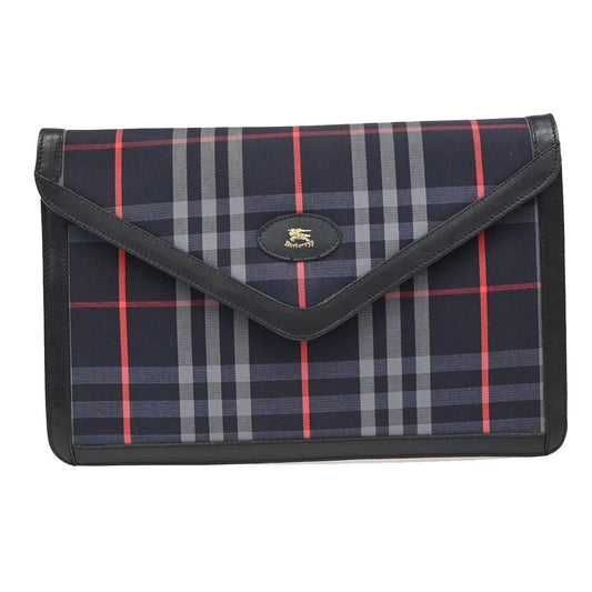 Burberrys Logo Clutch Bag Nova Check Canvas Leather Navy Blue Black 01EF823