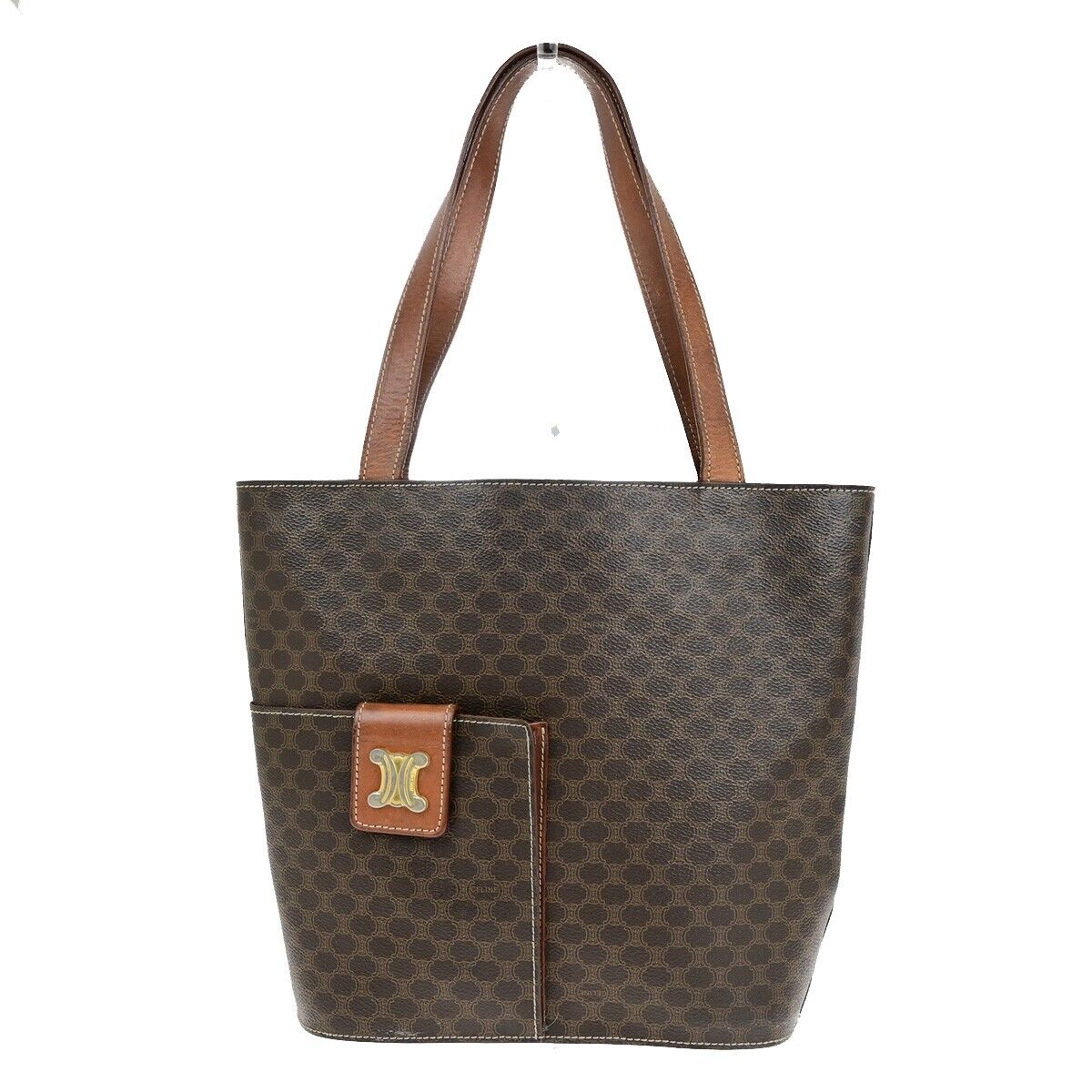 CELINE Logo Macadam Pattern Shoulder Tote Bag PVC Leather Brown GHW 67ED369
