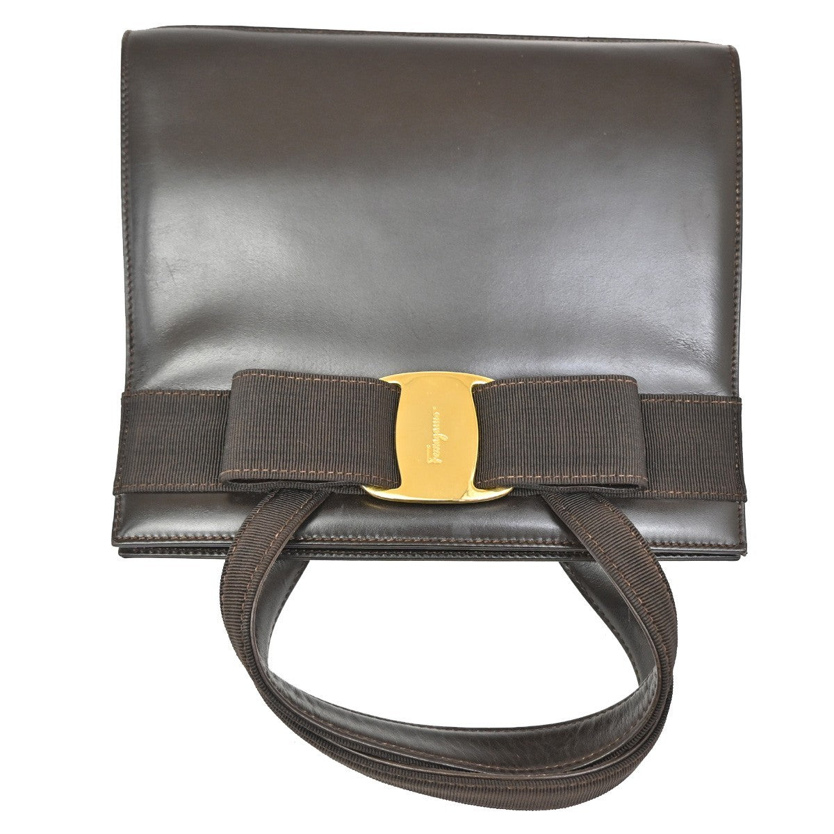 SALVATORE FERRAGAMO Vara 2Way Hand Bag Canvas Leather Brown Gold Italy 64TA067