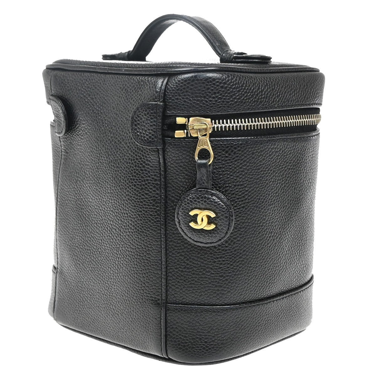 CHANEL CC Vanity Cosmetic Hand Bag Grained Calfskin Leather Black GHW 50RF685