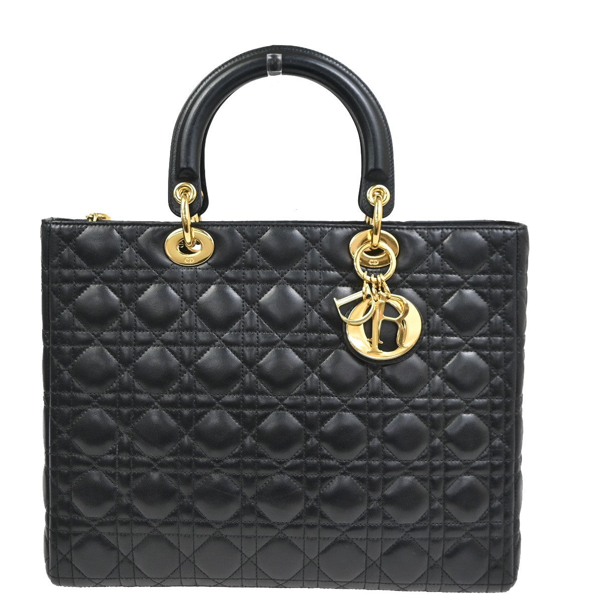 CHRISTIAN DIOR Lady Cannage Hand Tote Bag Leather Black Gold Italy 653RL740