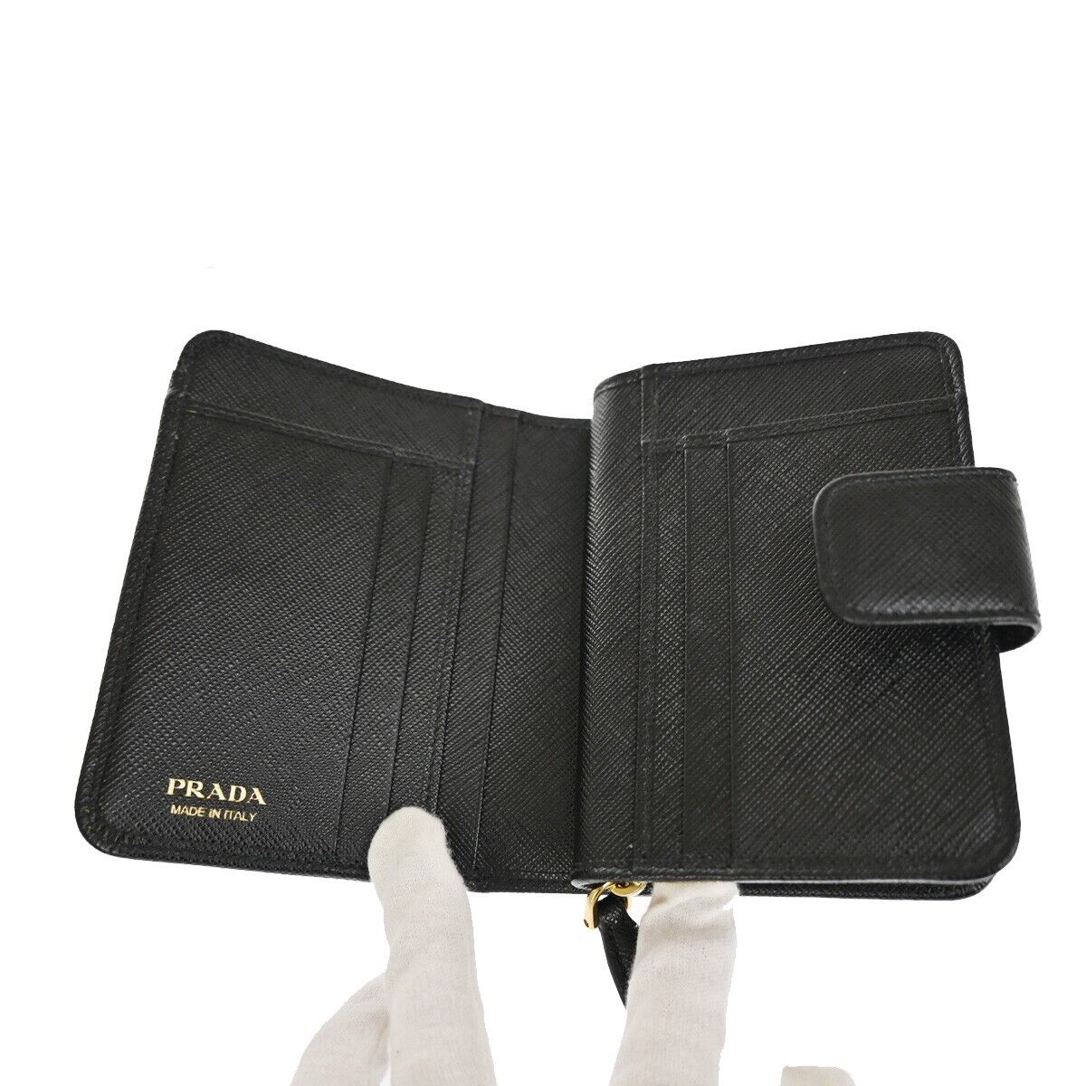 PRADA MILANO Bifold Wallet Purse Saffiano Leather Black Nero Gold Italy 86YD961