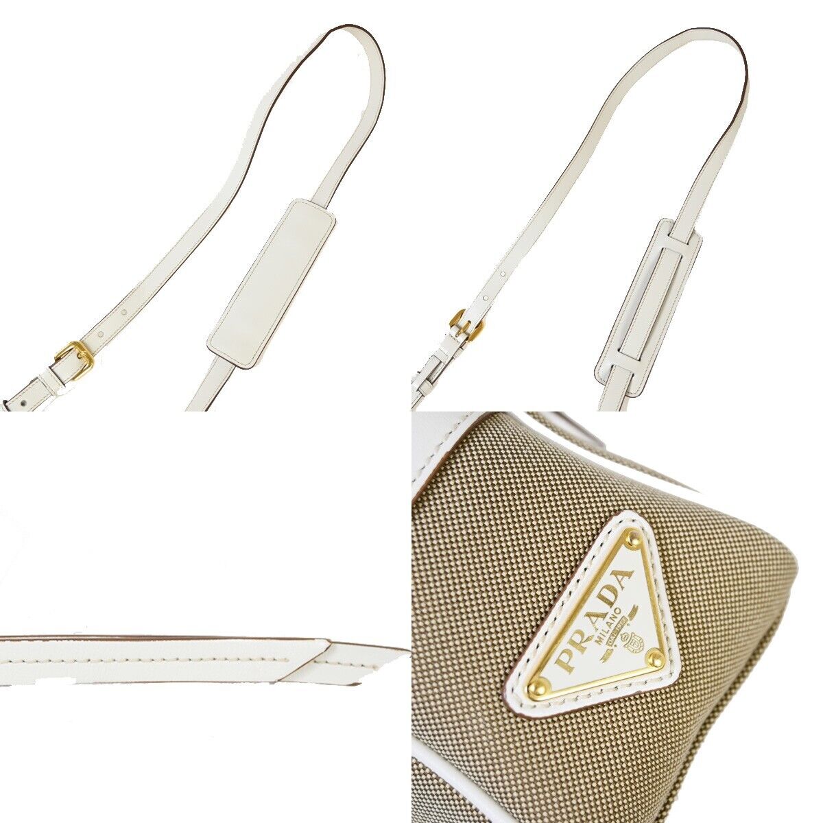 PRADA MILANO Logo Jacquard Shoulder Bag Canvas Leather Brown White Gold 50RJ741
