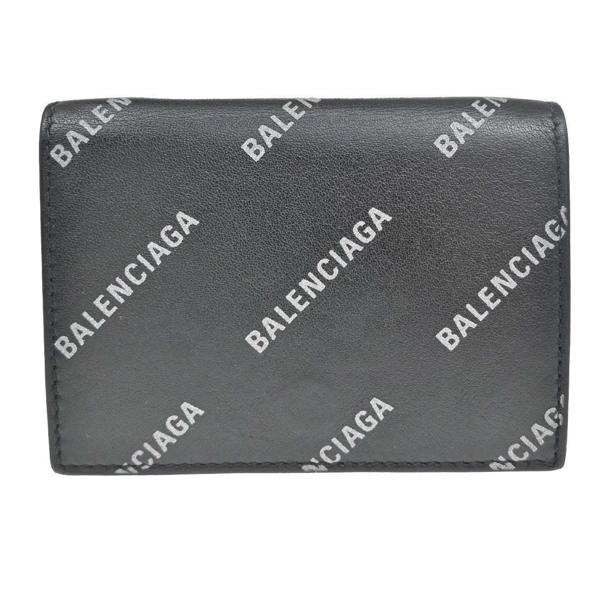BALENCIAGA Logo Mini Trifold Wallet Purse Leather Black SHW Italy 60TA315
