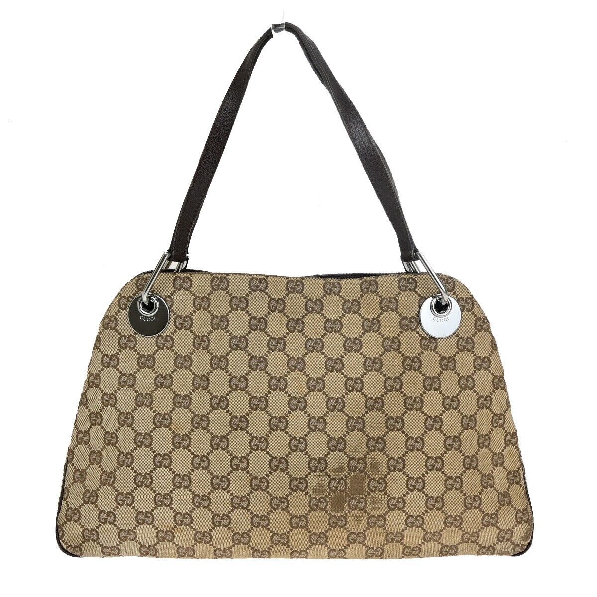 GUCCI Logo GG Pattern Shoulder Tote Bag Canvas Leather Brown GHW Italy 02EC081