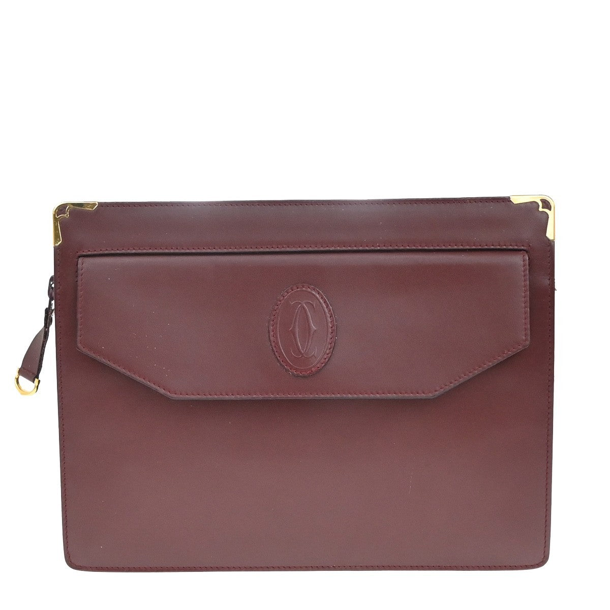 Must De Cartier 2C Clutch Hand Bag Leather Red Gold-Plated 01EF966