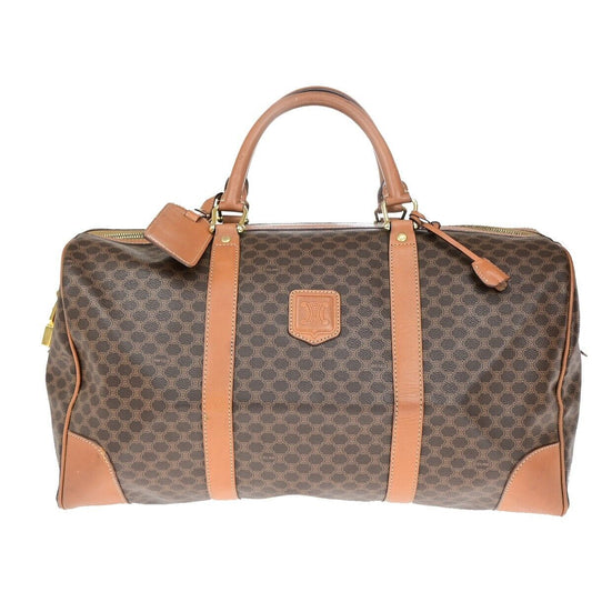 CELINE Logo Macadam Pattern Travel Hand Bag PVC Leather Brown Gold Italy 62EC911