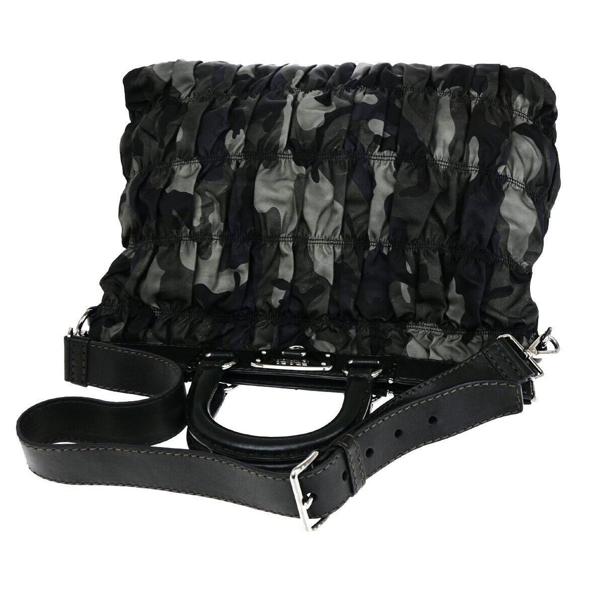 PRADA Logo 2Way Hand Shoulder Bag Nylon Leather camouflage Khaki silver 70SH963