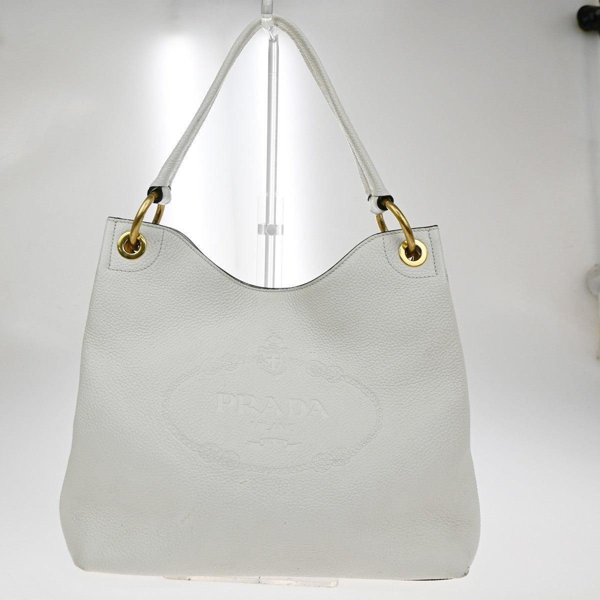 PRADA  Embossing LOGO One Shoulder Tote Bag Leather White GHW 12TA705