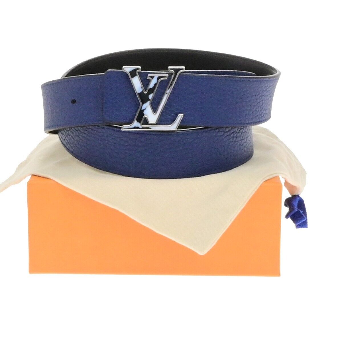 LOUIS VUITTON Logo Ceinture LV Initial Belt Leather Blue Spain N1012 31EE096