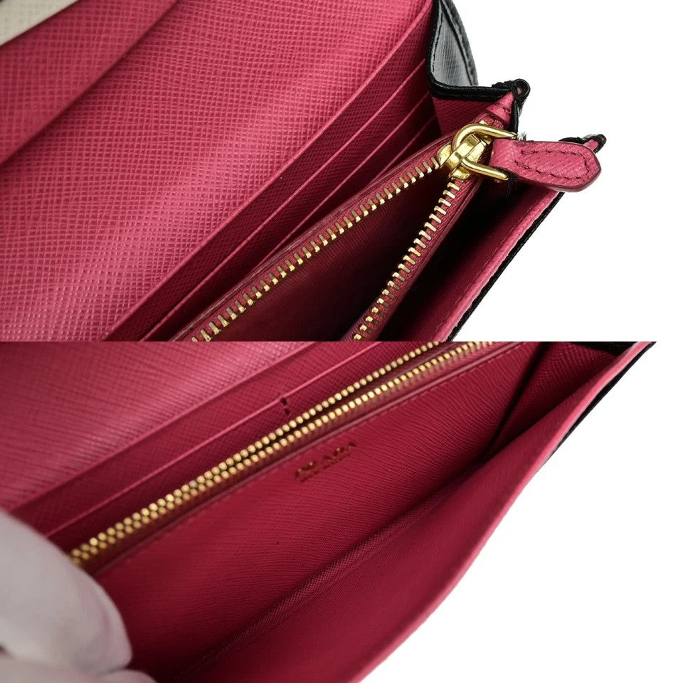 PRADA Logo Saffiano Multic Long Bifold Wallet Leather Black Pink GHW 37YH058