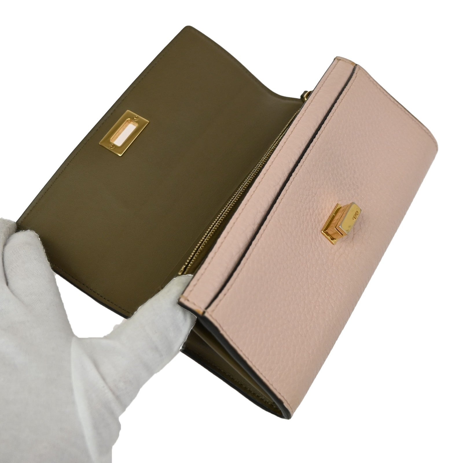 FENDI Logo Peekaboo Bifold Turn Lock Long Wallet Leather Pink Italy GHW 61KC929