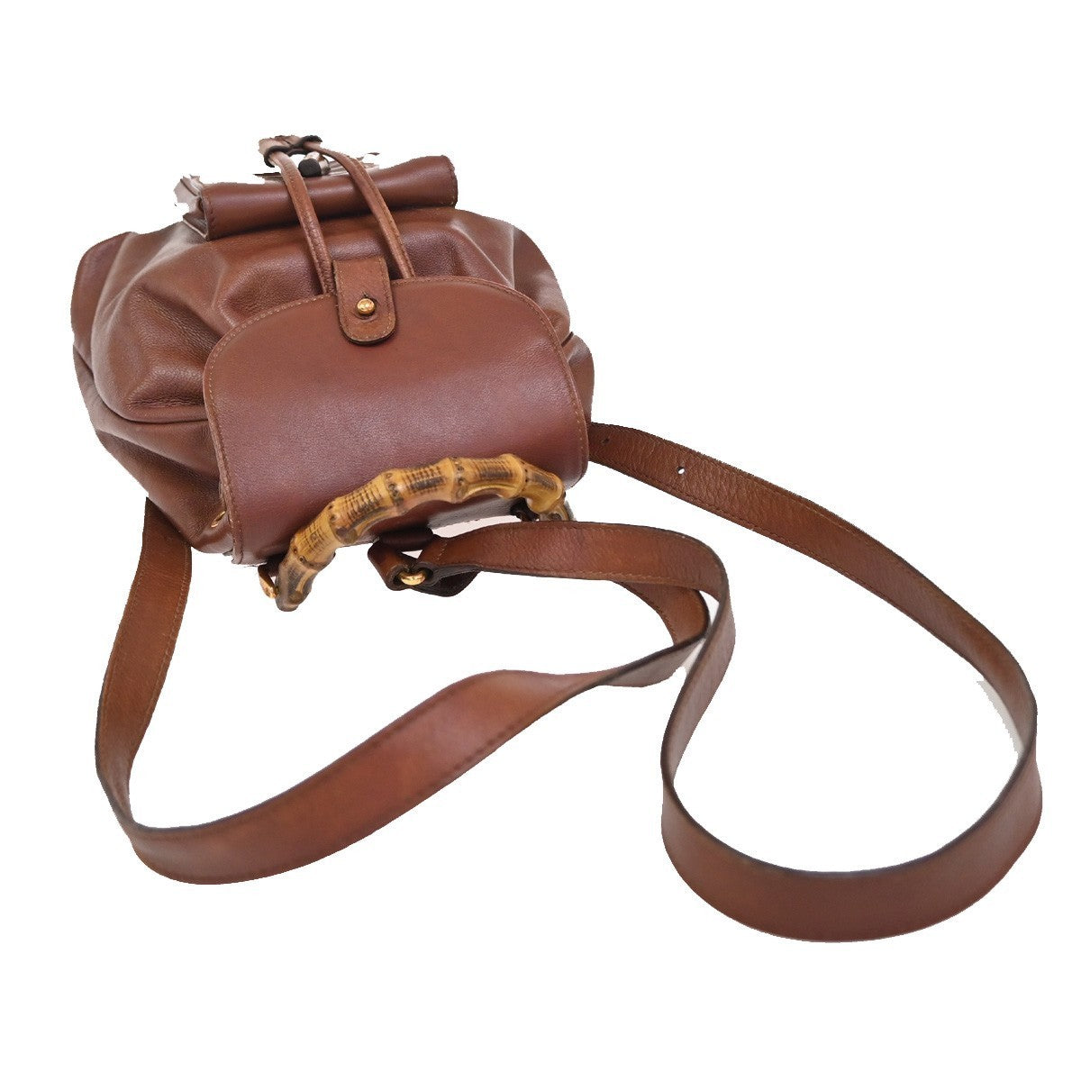 GUCCI Logo Bamboo Drawstring Mini Backpack Bag Leather Brown GHW Italy 38EG182
