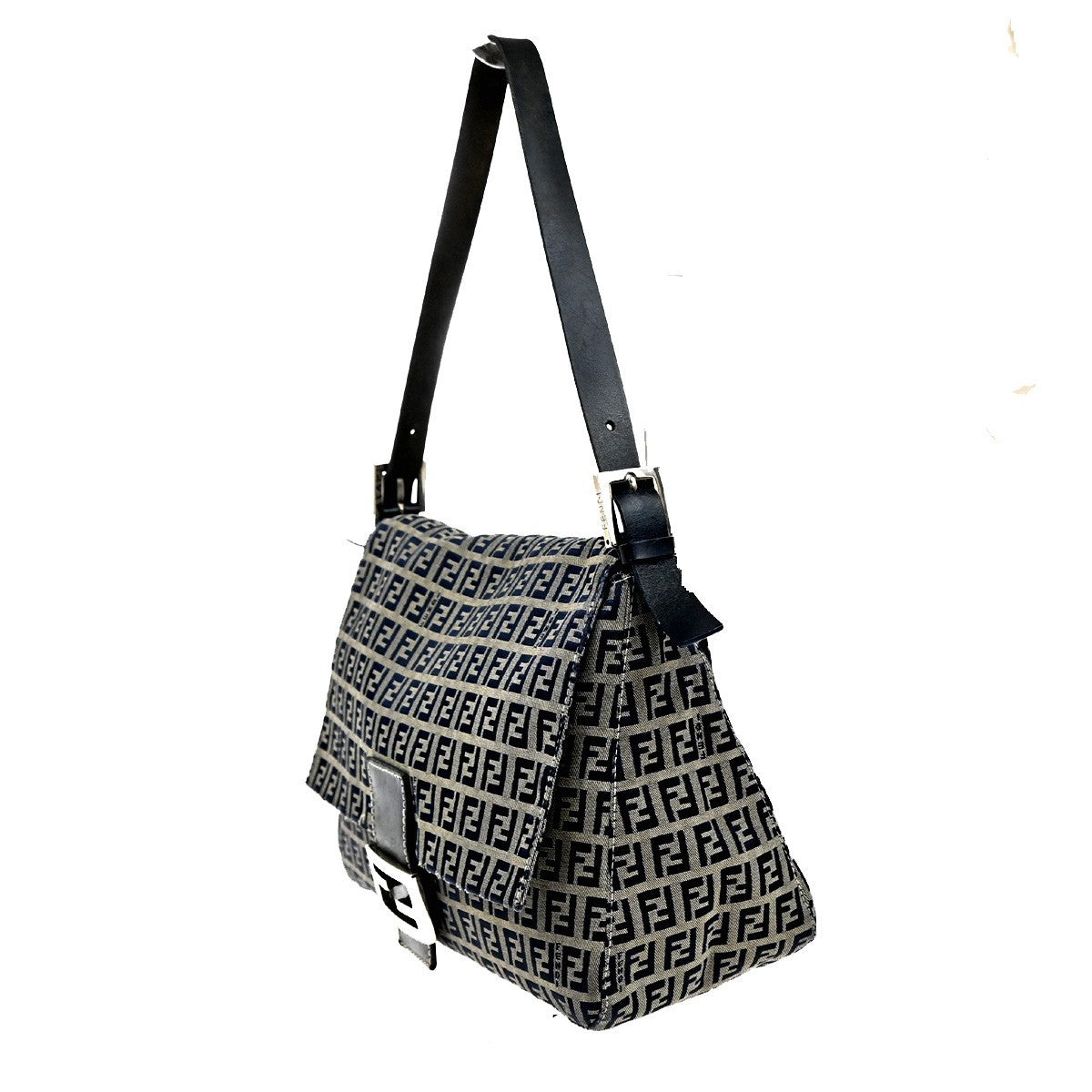 FENDI Mamma bucket Zuccino Shoulder Hand Bag Canvas Leather Navy Italy 79MA143