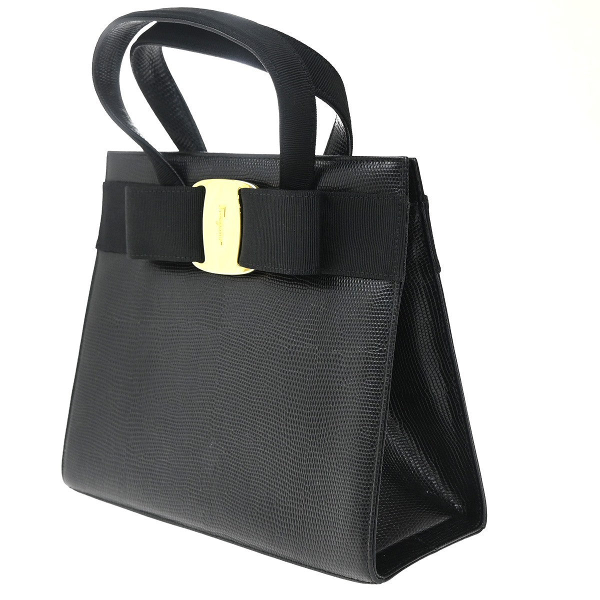 SALVATORE FERRAGAMO Logo Vara Hand Bag Embossing Leather Black Gold 62EG282
