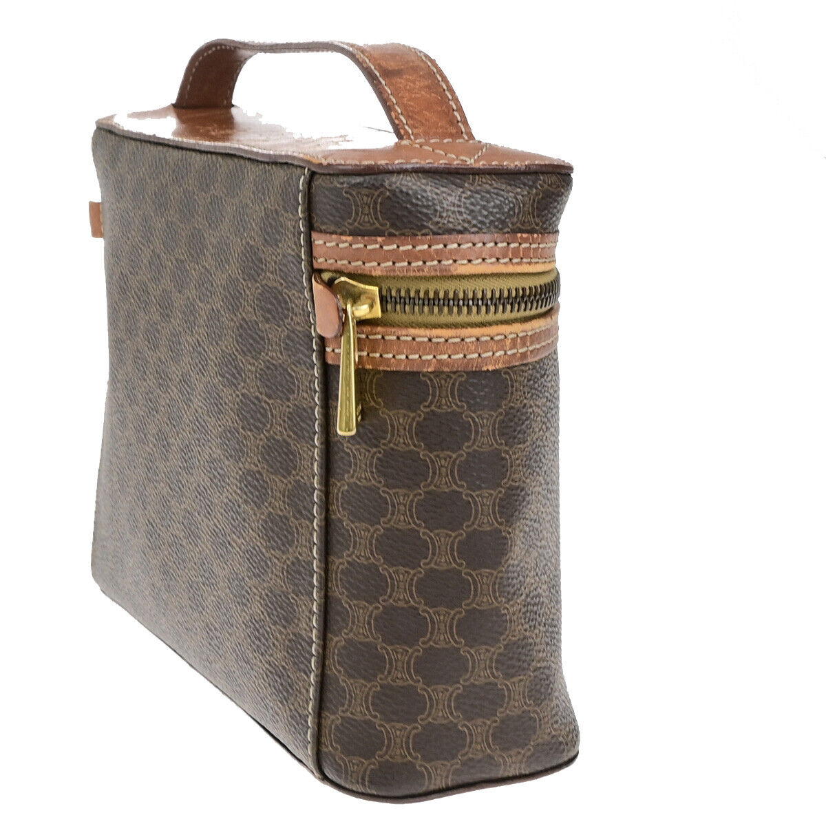 CELINE Logo Macadam Pattern Vanity Hand Bag PVC Leather Brown GHW Italy 63YG623