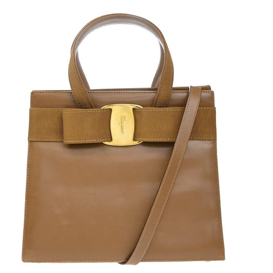 SALVATORE FERRAGAMO Vara 2Way Hand Bag Canvas Leather Brown Gold Italy 33EG249
