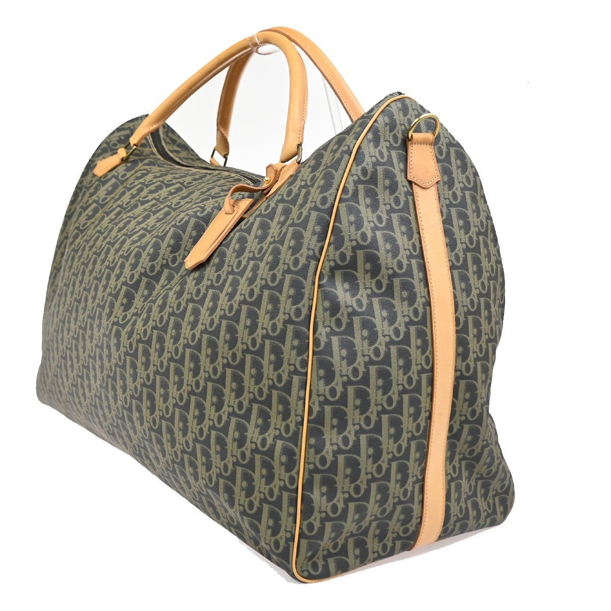 CHRISTIAN DIOR Logo Trotter Boston Hand Bag Canvas Leather Navy Blue 70TA634