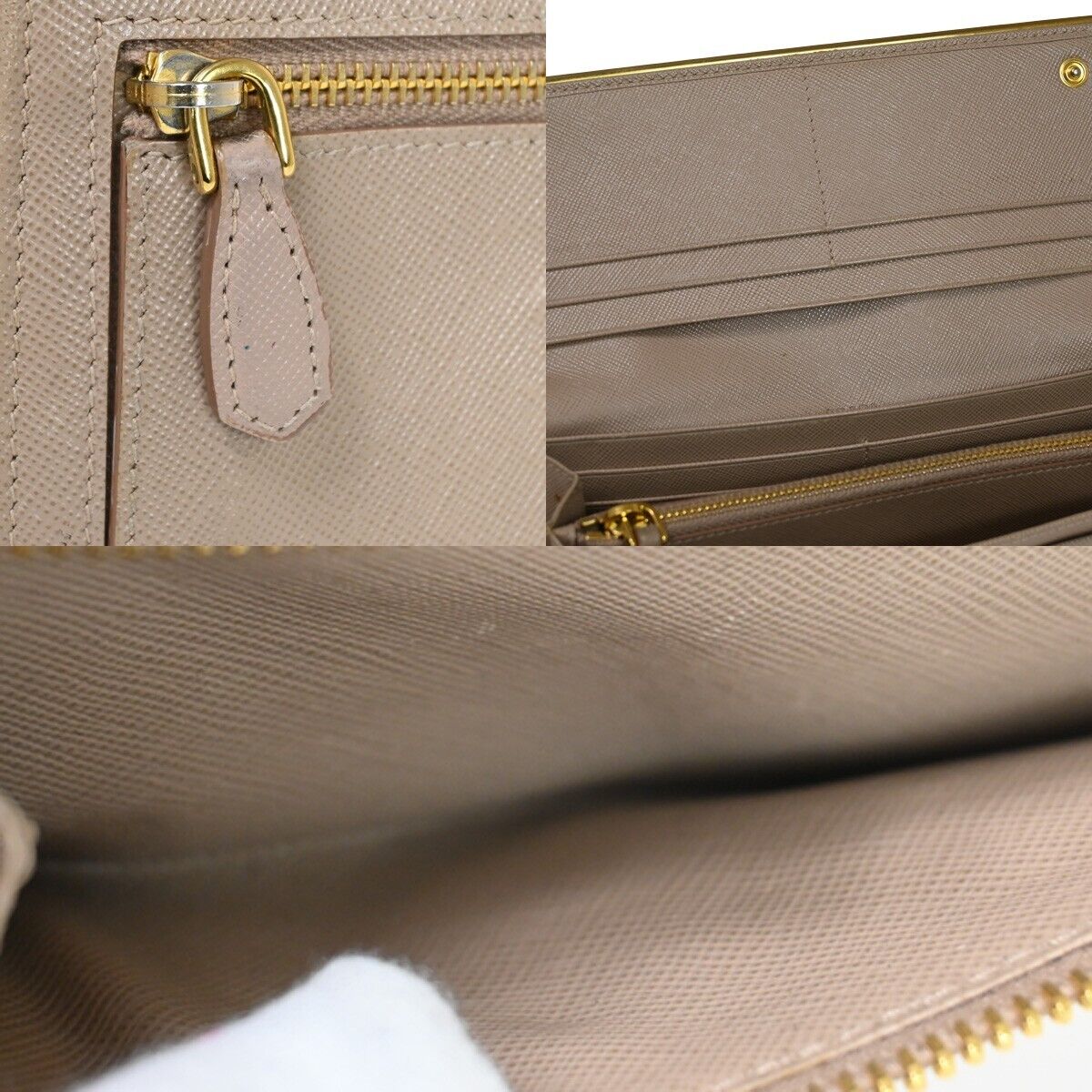 PRADA Logo Saffiano Long Bifold Wallet Purse Leather Beige Gold Italy 05SH556