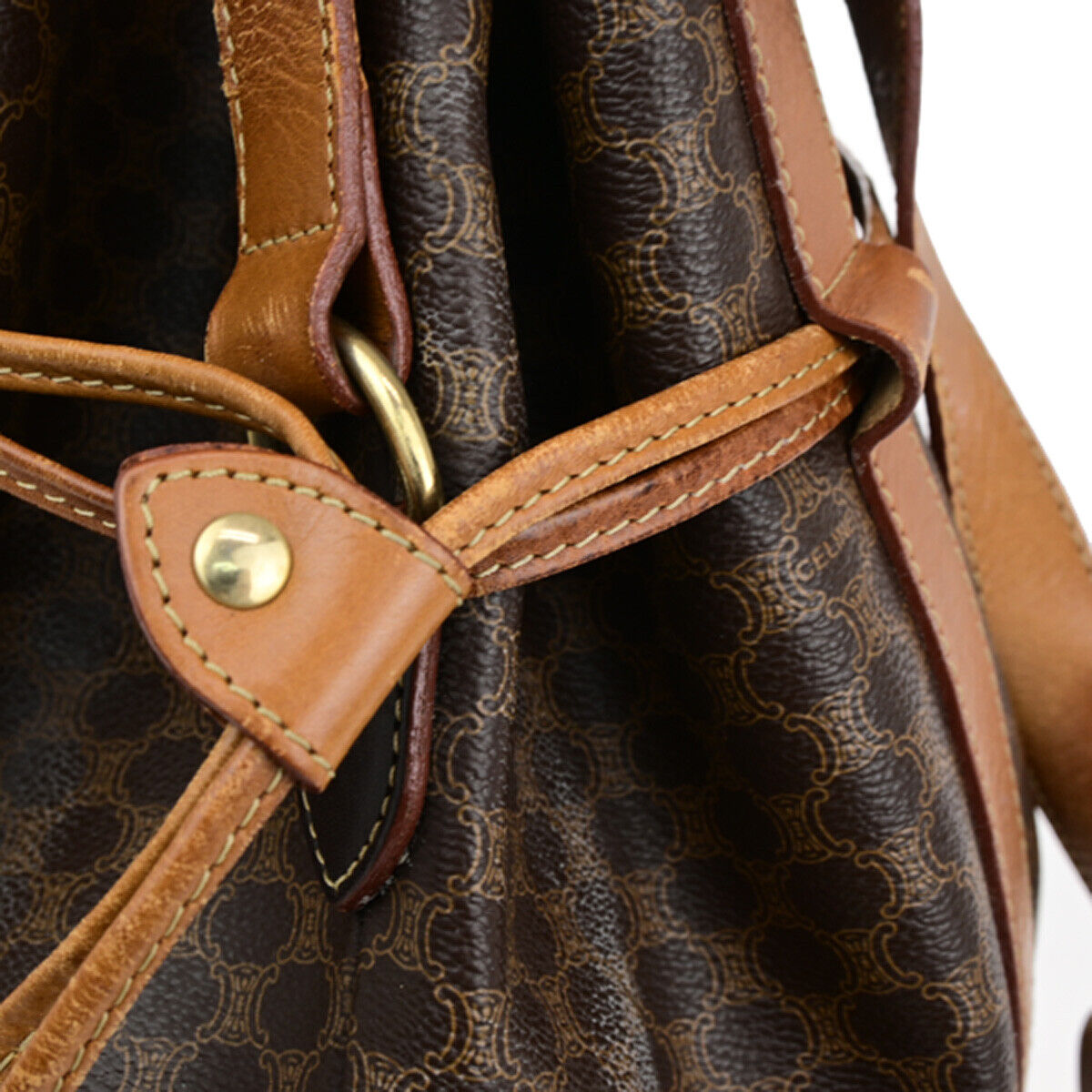 CELINE Logo Macadam Pattern Drawstring Shoulder Bag PVC Leather Brown 66YF091