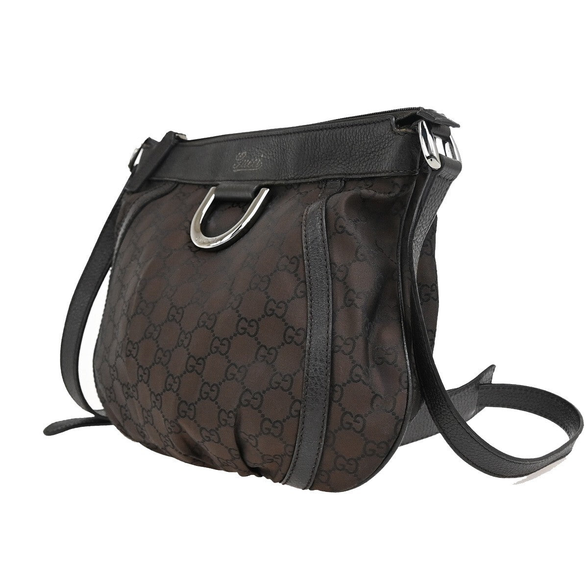 GUCCI Logo GG pattern Shoulder Bag Nylon Leather Brown Silver Italy 88EE172