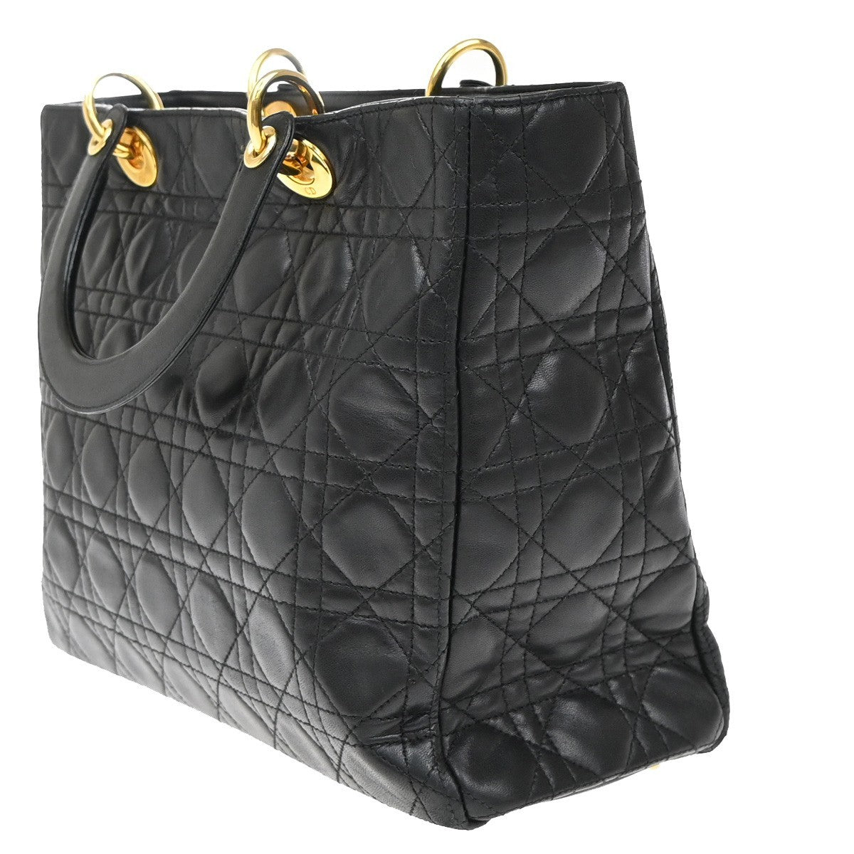 CHRISTIAN DIOR Lady Cannage Hand Tote Bag Leather Black Gold Italy 46RF672