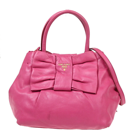 PRADA MILANO Logo Ribbon 2Way Shoulder Hand Tote Bag Leather Pink Gold 34YE444