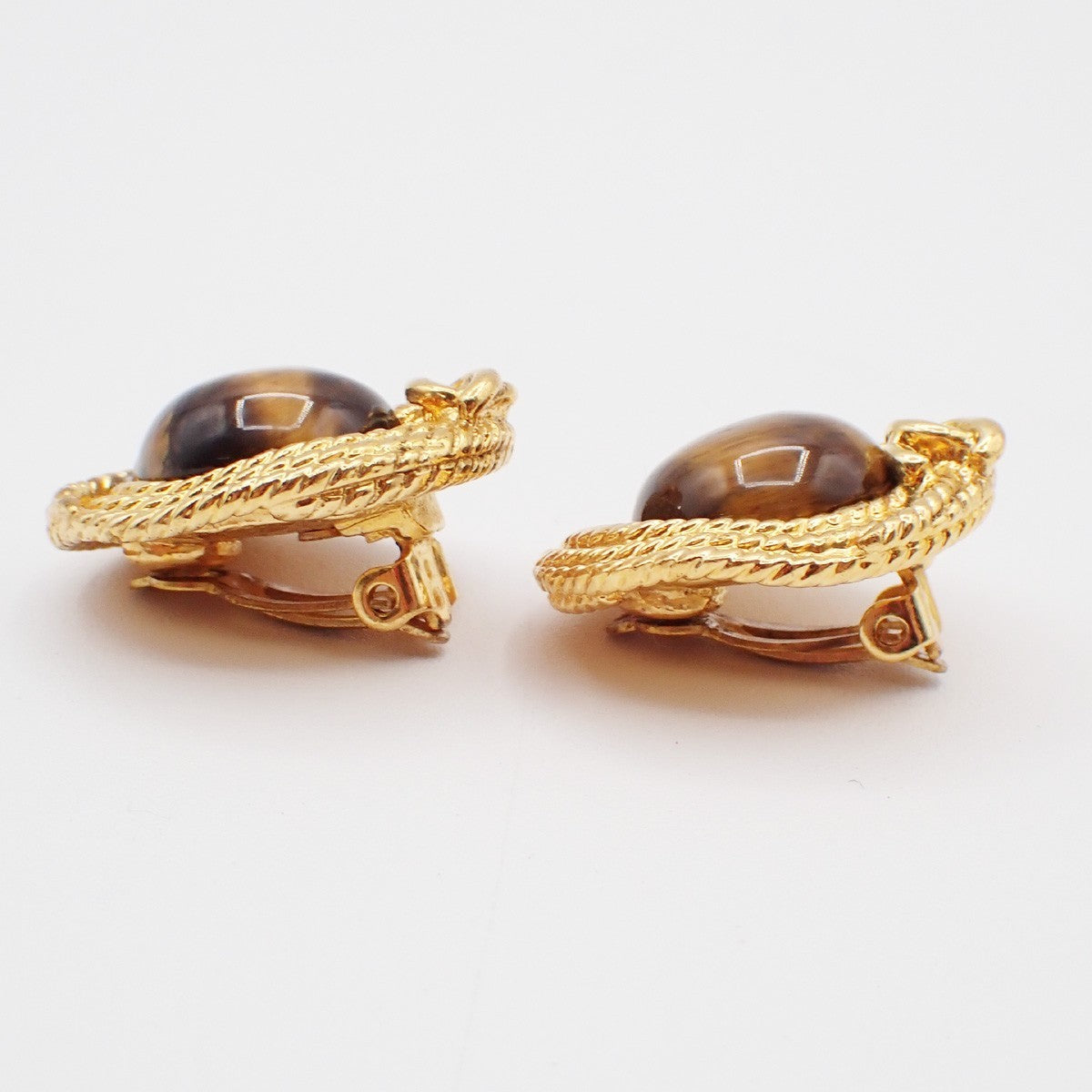 CHANEL CC Logo round Button Earrings Clip-On Color Stone Gold Brown 30RF761