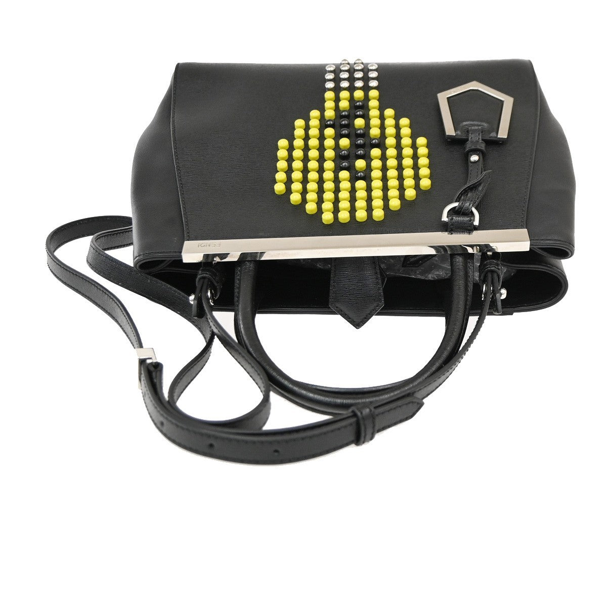Fendi 2Jours Studded Light Bulb 2Way Shoulder Hand Bag Black Yellow SHW 12PA022