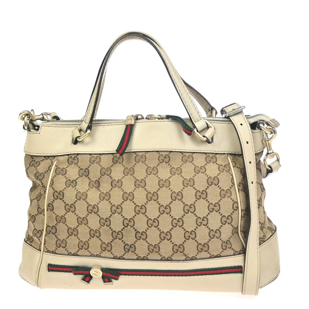 GUCCI GG Sherry Ribbon 2Way Shoulder Hand Bag Canvas Leather Ivory Italy 38KC760