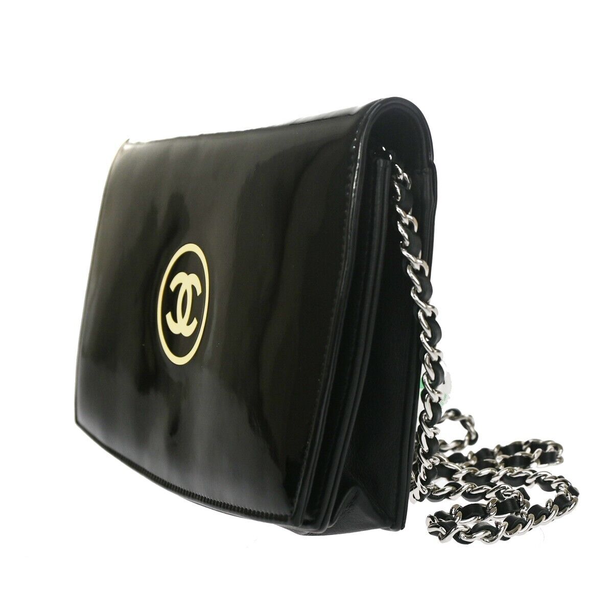 CHANEL CC Logo Mini Chain Wallet Shoulder Bag Patent Leather Black SHW 683RH866