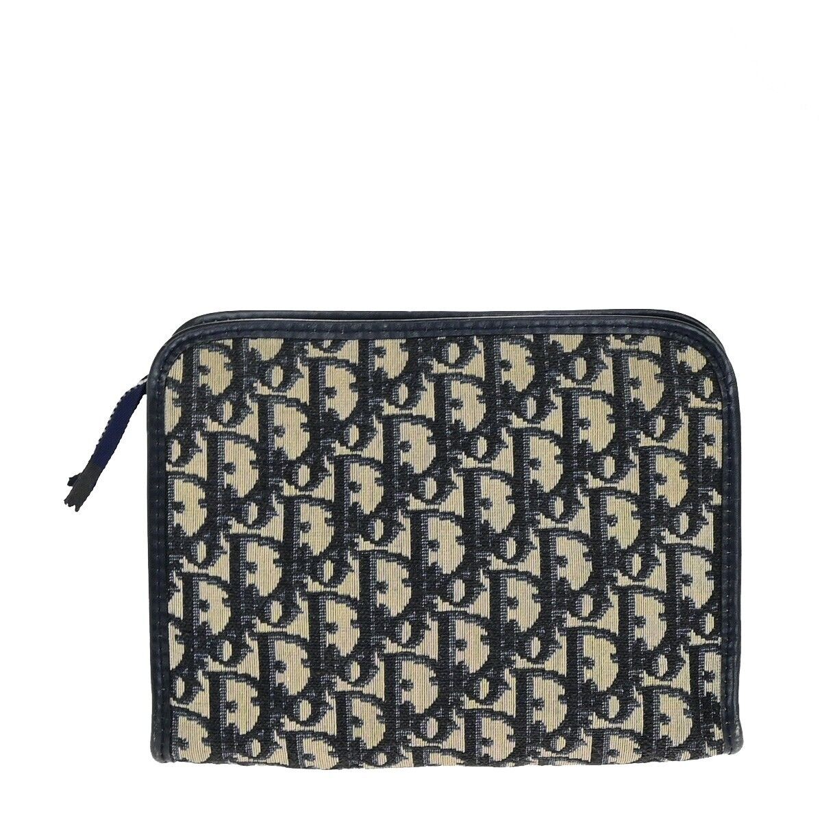 CHRISTIAN DIOR Logo Trotter Pattern Pouch Canvas Leather Navy Blue 01EC871