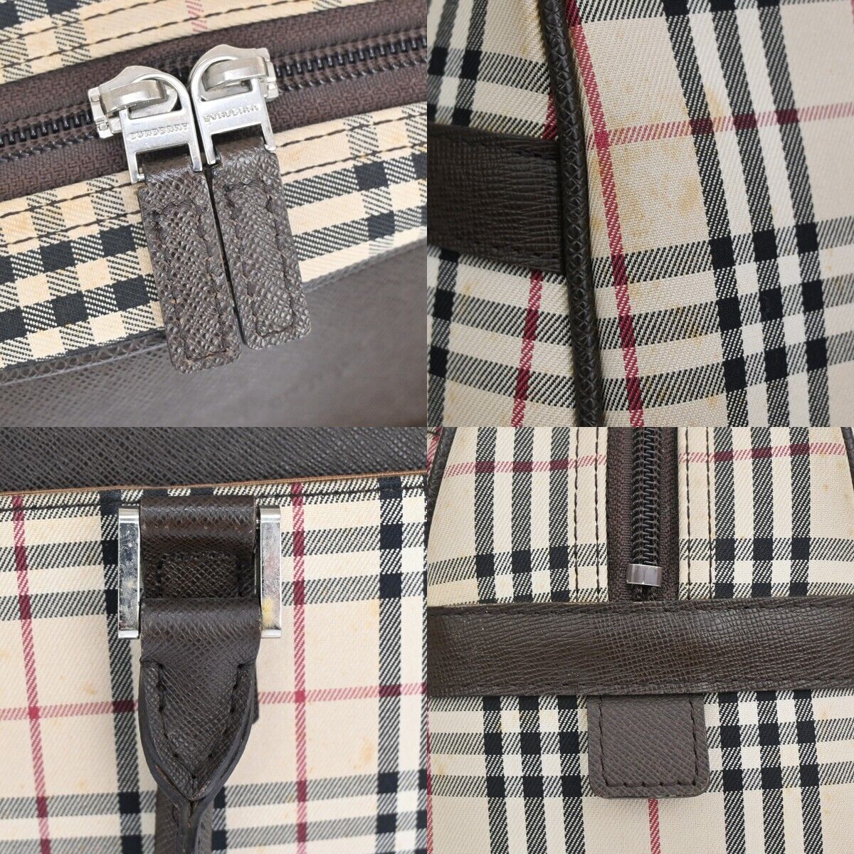 BURBERRY Logo Nova Check Hand Bag Canvas Leather Beige Brown Silver 63HB067