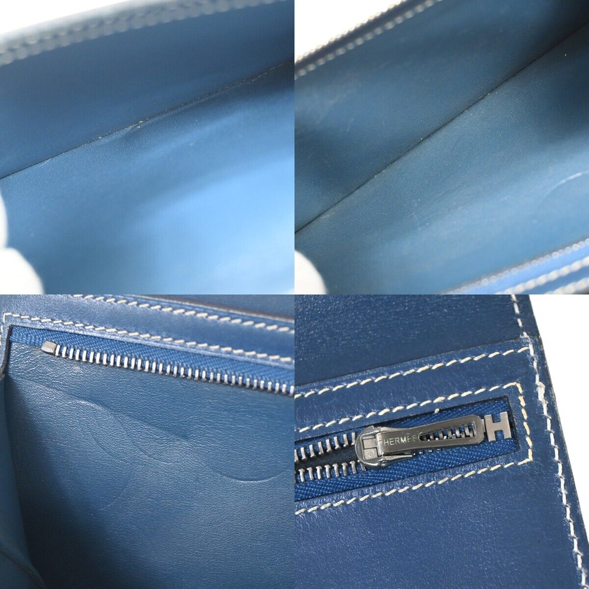 HERMES H Logo Bearn Long Trifold Wallet Purse ▢H Box Calf Leather Blue 82HB258