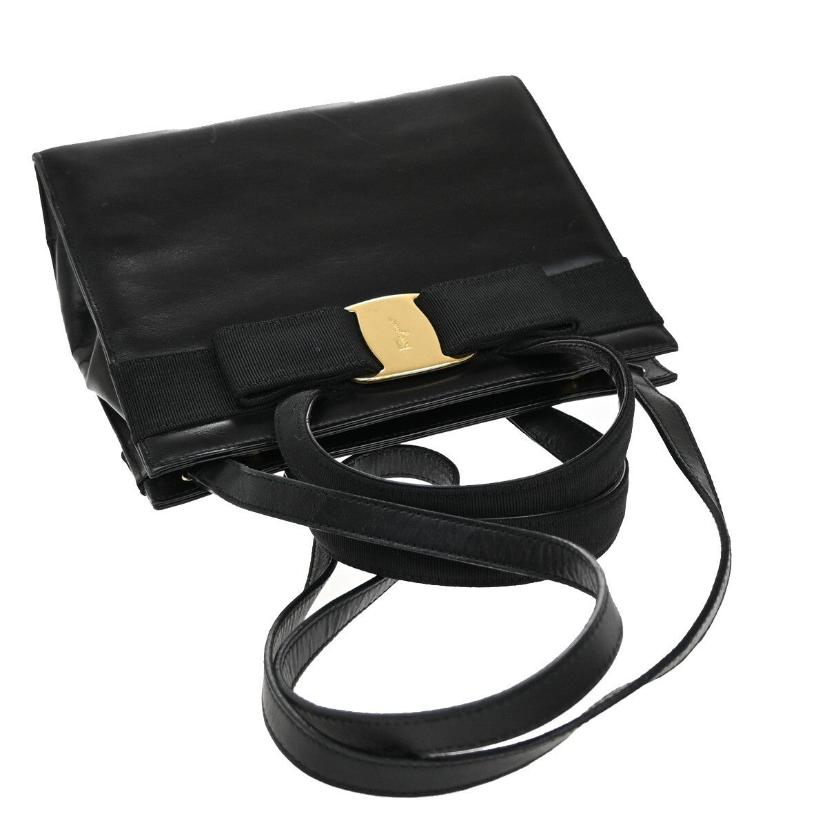 SALVATORE FERRAGAMO Logo Vara 2Way Shoulder Hand Bag Leather Black Italy 38EE277