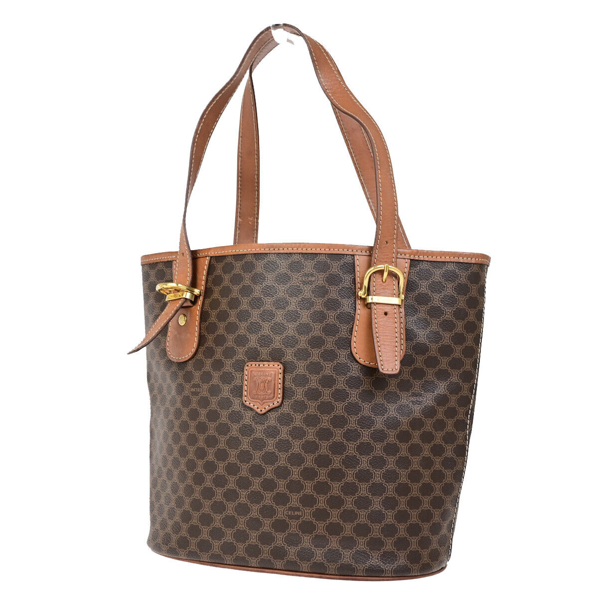 CELINE Logo Macadam Pattern Shoulder Tote Bag PVC Leather Brown GHW 62SJ475