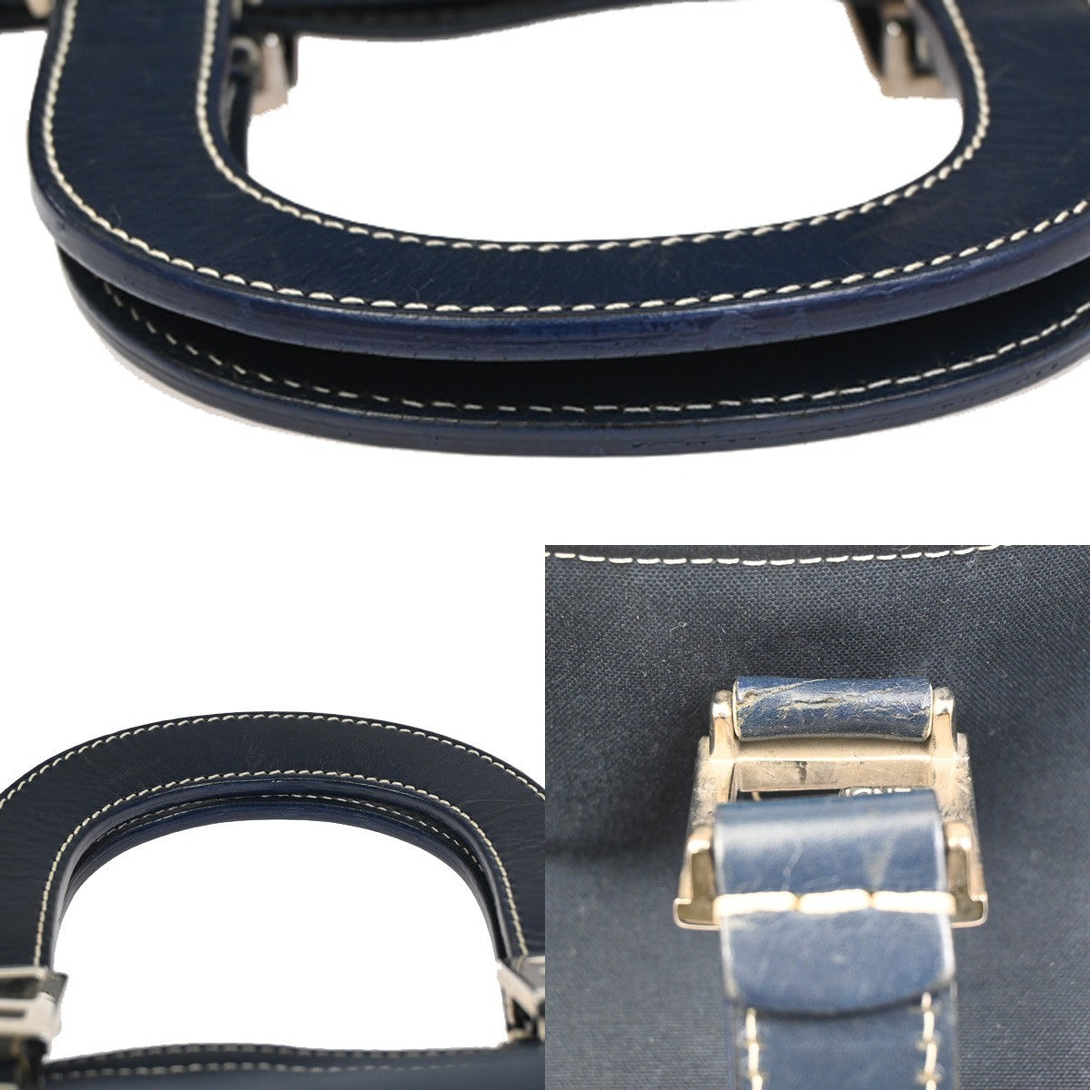 FENDI FF Logo Hand Bag Tote Bag Canvas Demin Leather Navy Blue Italy 78ZA127