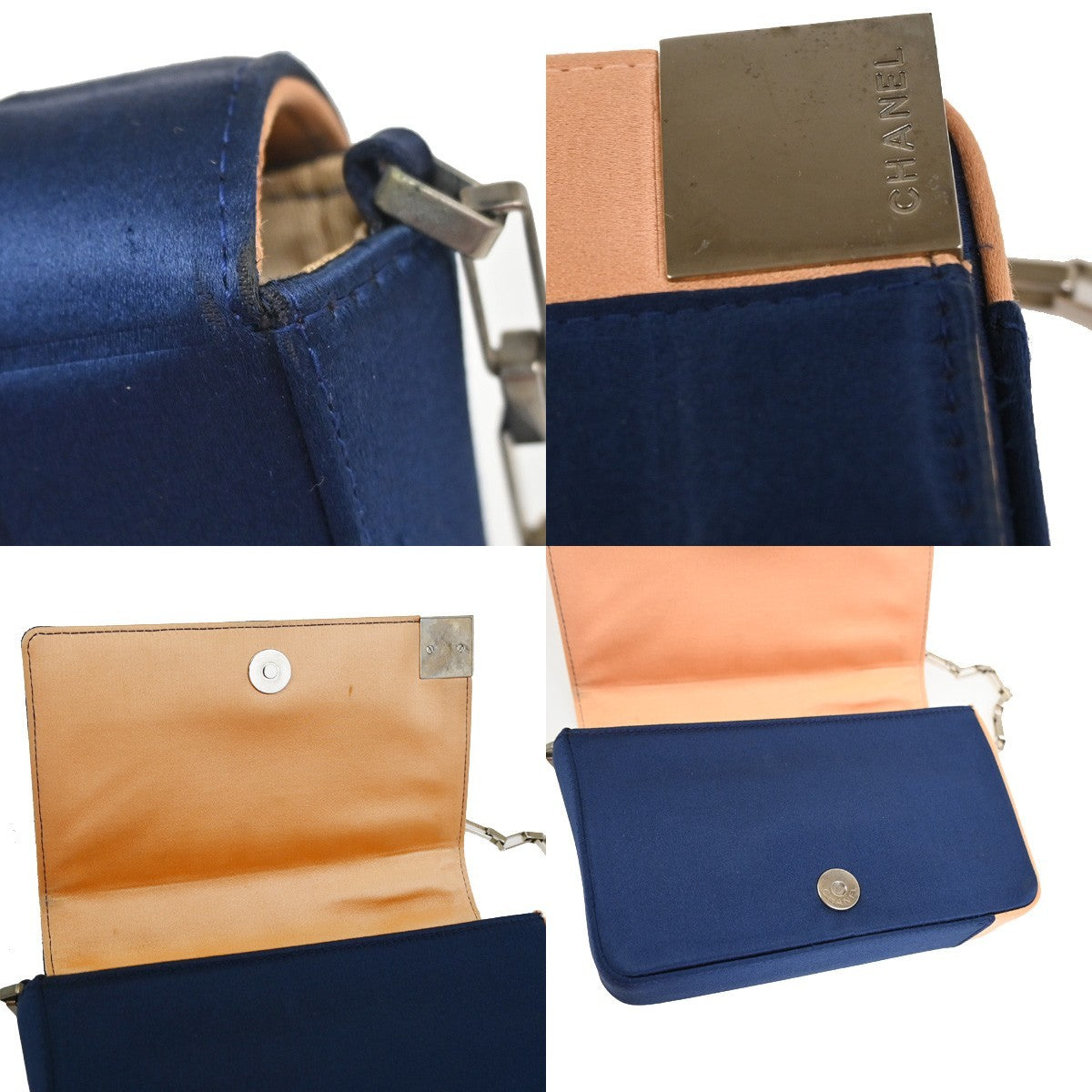CHANEL Chocolate Bar Chain Shoulder Bag Satin Leather Blue SHW Italy 50RQ027