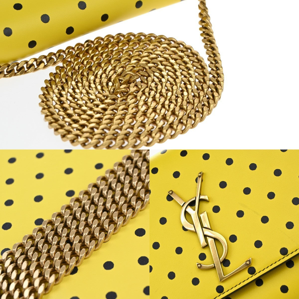 SAINT LAURENT YSL 2Way Dot Chain Shoulder Clutch Bag Yellow Black GHW 45RF959